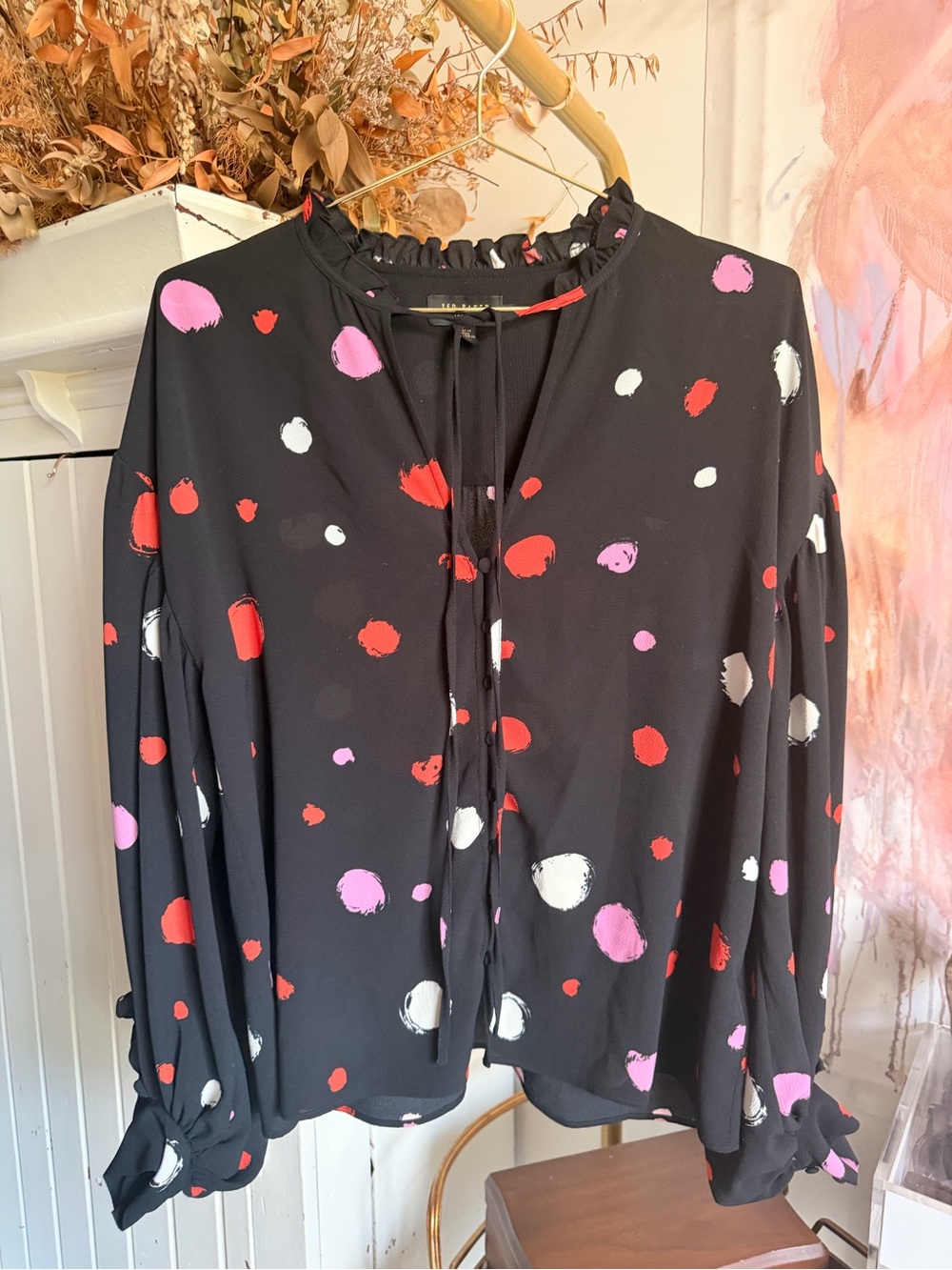 Ted Baker Black Blouse with Red, Pink and White Polka Dots